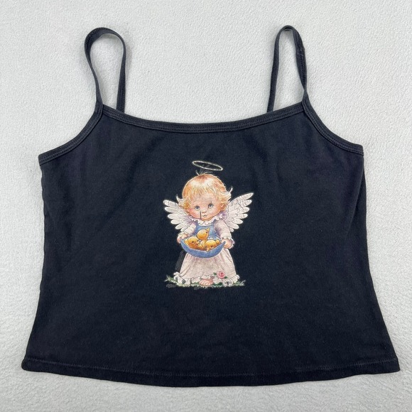 The Unbranded Brand Tops - Vintage Y2K Black Cherub Angel Graphic Camisole Spaghetti Strap Tank Top XL